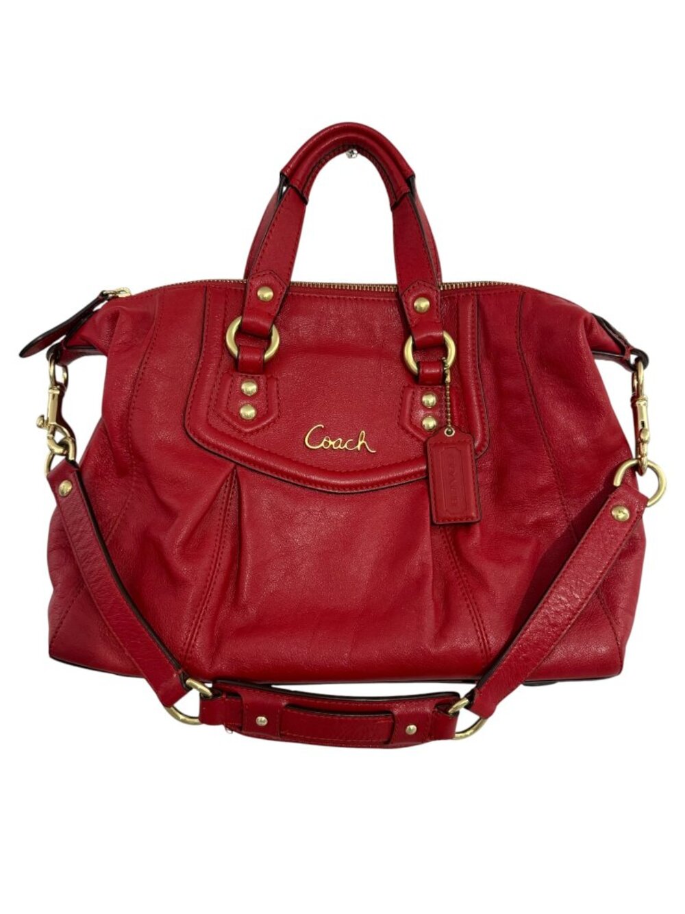 Coach Red Leather Ashley Satchel Shoulder Bag Detachable Strap Gold Hardware